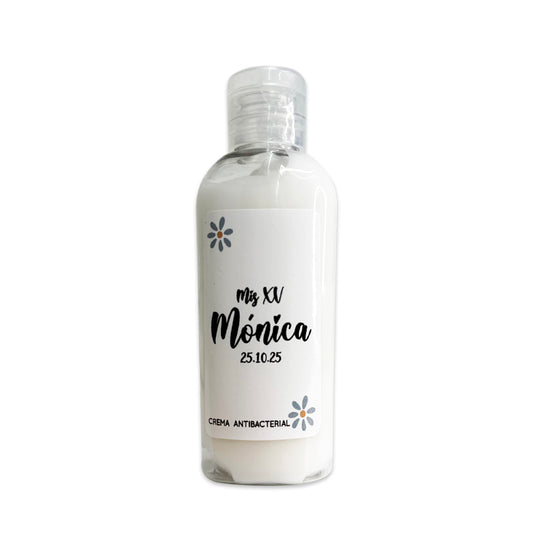 Gel Antibacterial ó Crema para XV Años Personalizado Mod. 50 Flor