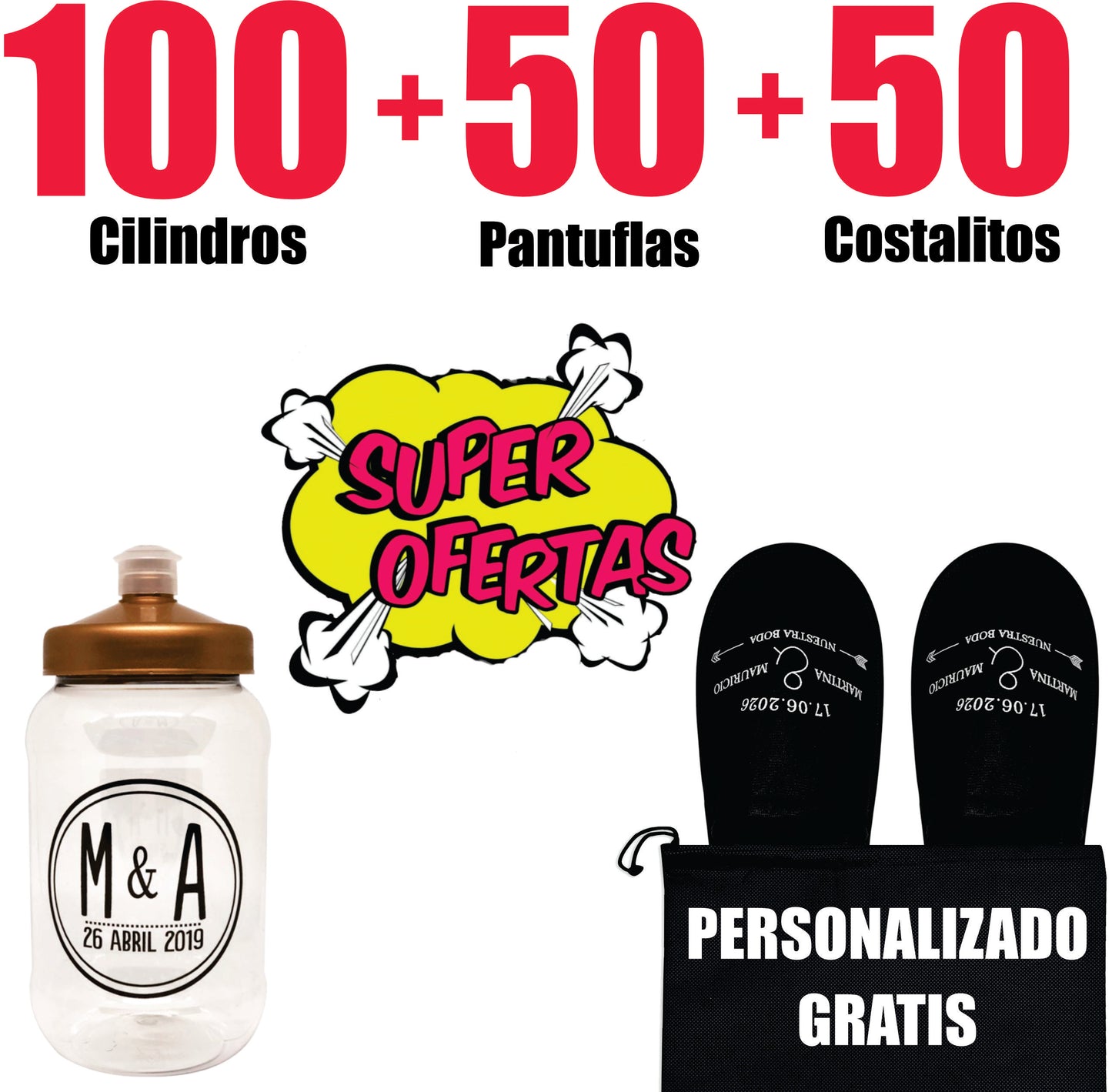 50 Pantuflas + 50 Costalitos + 100 Cilindros Paquete Personalizados