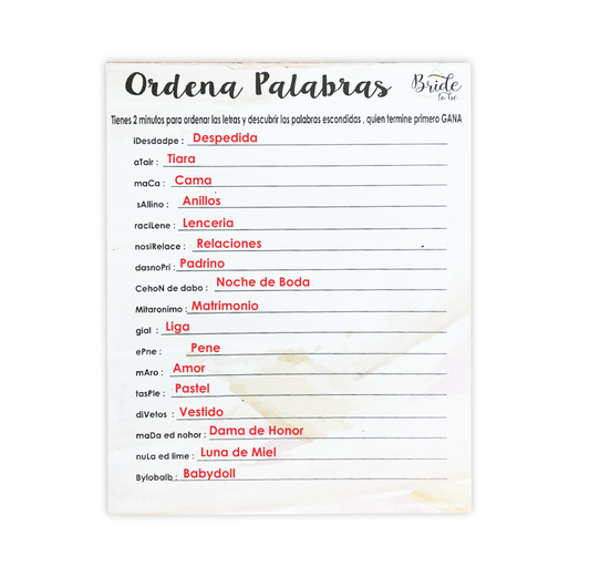 Juego de Papel Despedida ORDENA PALABRAS | Festiboda