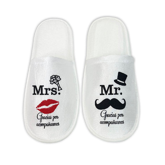 Pantufla para Boda Mod 114 Mr Sombrero GRACIAS POR ACOMPAÑARNOS ( Tela : Bca Tinta : Negra Beso Rojo ) -- 🔥 ENVIO INMEDIATO 🔥 --
