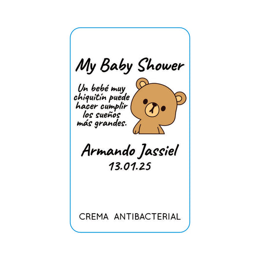 Gel Antibacterial ó Crema para Fiesta Baby Shower Bautizo Perzona
