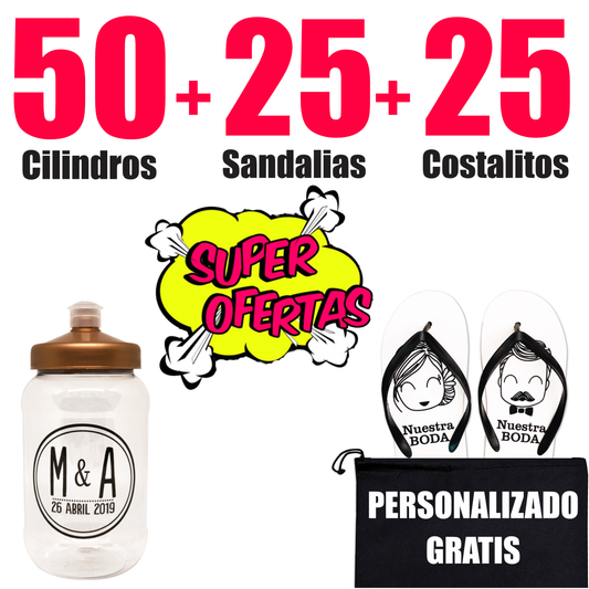 Paquete 50 Cilindros + 25 Sandalias + 25 Costalitos Personalizado